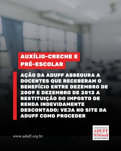 Ação da Aduff assegura restituição a docentes de IR descontado do pré-escolar entre 2009 e 2013